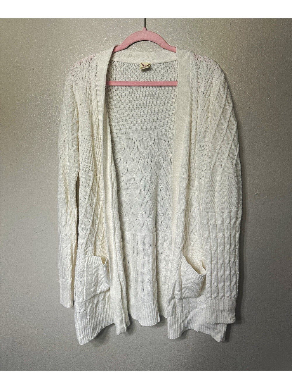 Faded Glory Women's White Cable-Knit Open Front Cardigan Sweater Pockets 2XL